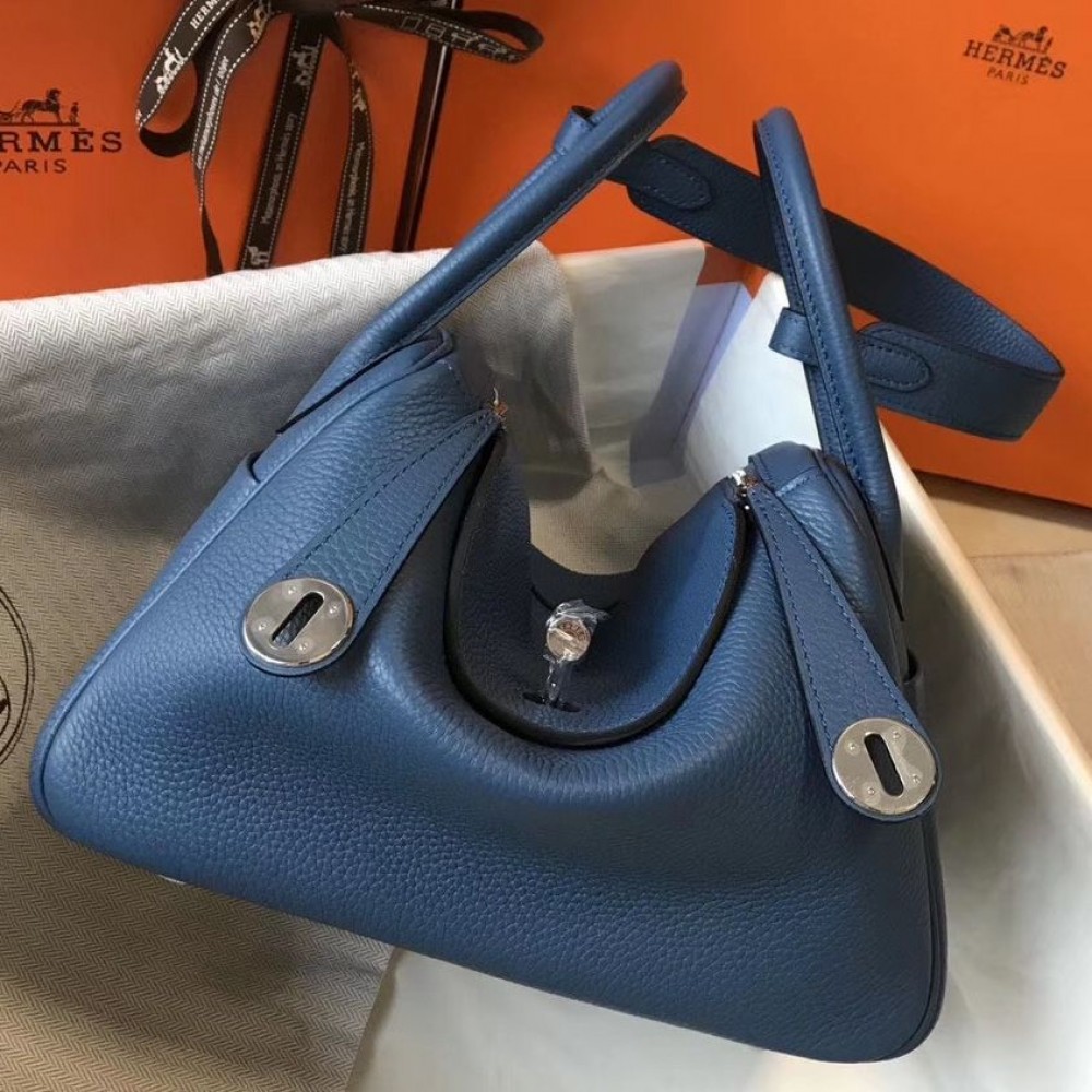High Quality Replica Hermes Lindy 26cm Bag In Blue Agate Clemence Leather PHW $ 369 USD