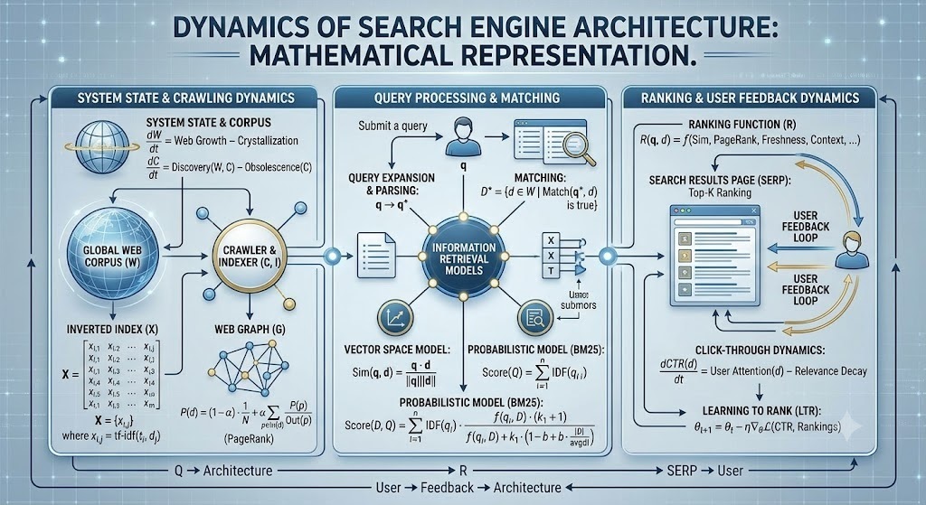 Mathematical representation for dynamics of search engine architecture
